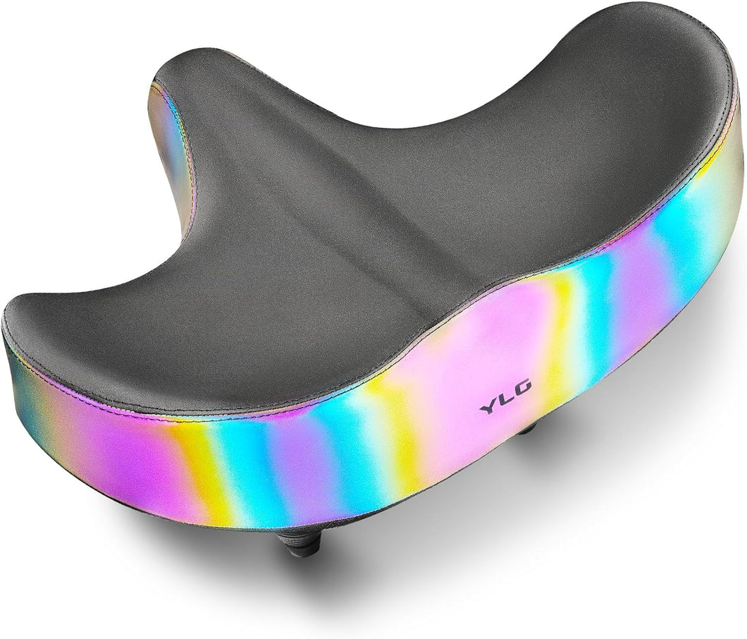 YLG Oversized Bike Seat, Comfort Seat Cushion Compatible with Peloton, Road or Exercise Bikes, Rainbow Reflective Wide Bicycle Saddle Replacement for Men Women